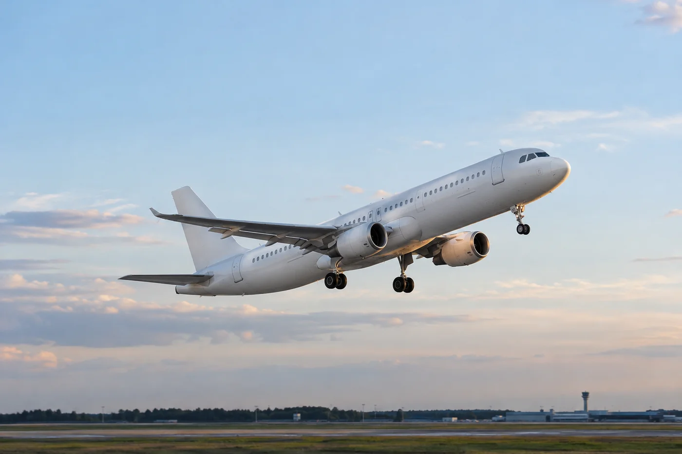 Un avion de ligne décollant sous un ciel bleu dans une lumière douce
